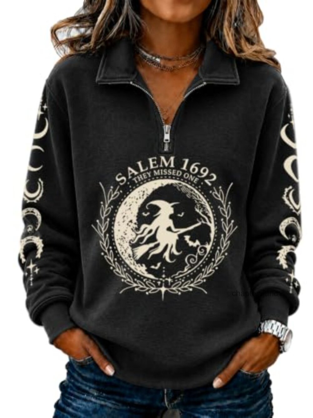 Halloween Sweatshirt Quarter Zip Lapel Collar Fleece Lined Pullover